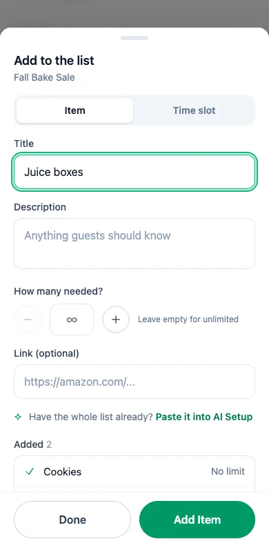 The Add to the list sheet, adding juice boxes to a bake sale