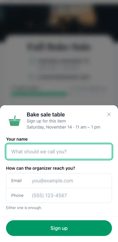 A guest signing up for a bake sale slot with a name and an email or phone