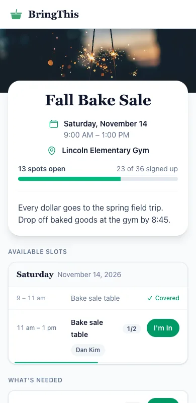 The guest page for a bake sale on a phone, with open slots and an I'm In button