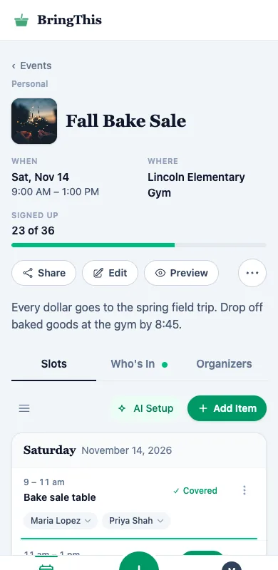 The organizer's event page on a phone, with Share and the signups so far