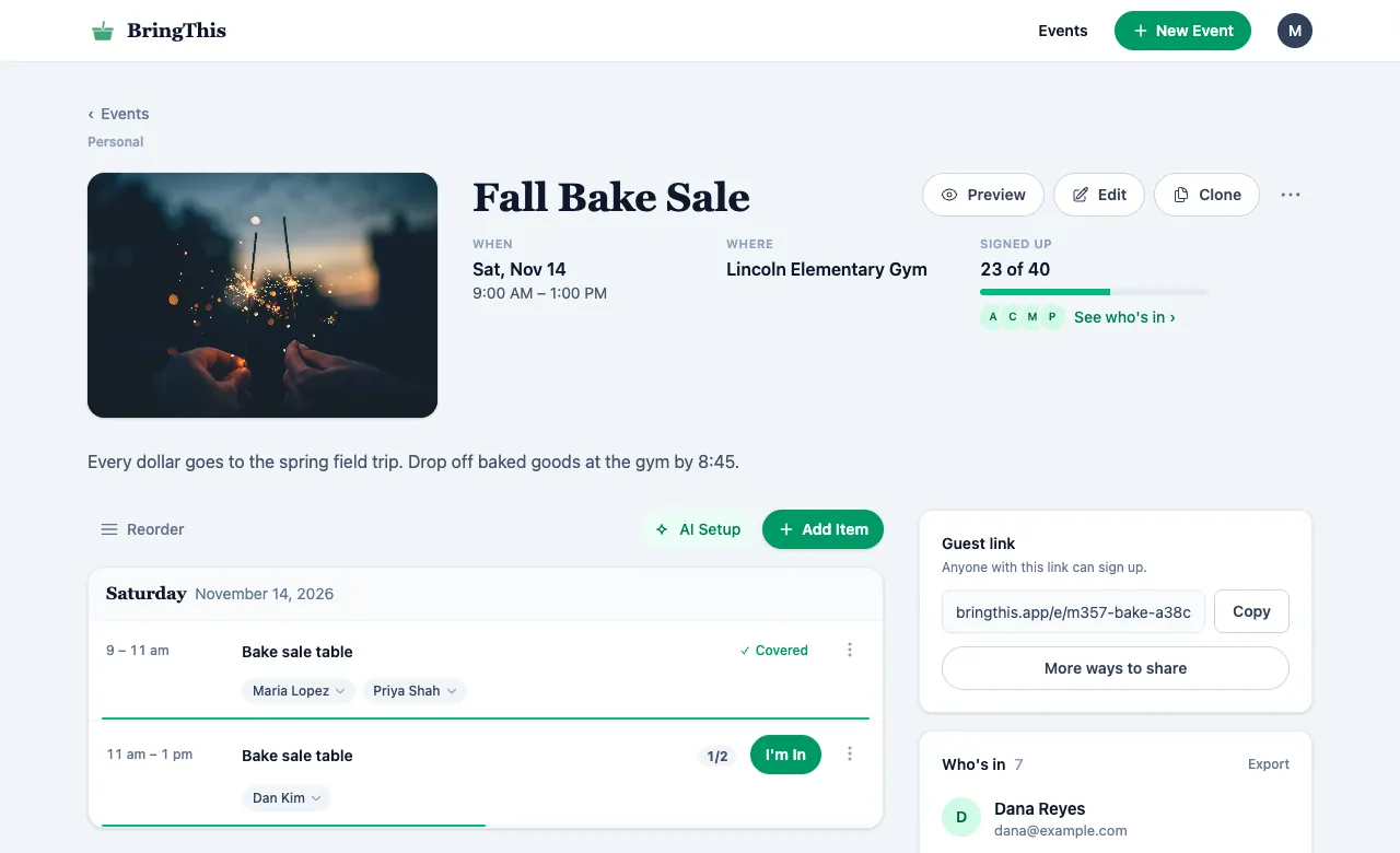The organizer's page for a bake sale on a computer, with the slots and who signed up